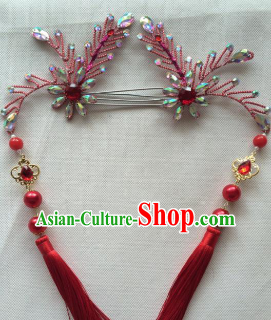 Chinese Beijing Opera Princess Red Tassel Hairpins Traditional Peking Opera Diva Hair Accessories for Women