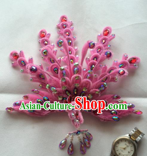 Chinese Beijing Opera Queen Pink Velvet Phoenix Hair Crown Hairpins Traditional Peking Opera Diva Hair Accessories for Women