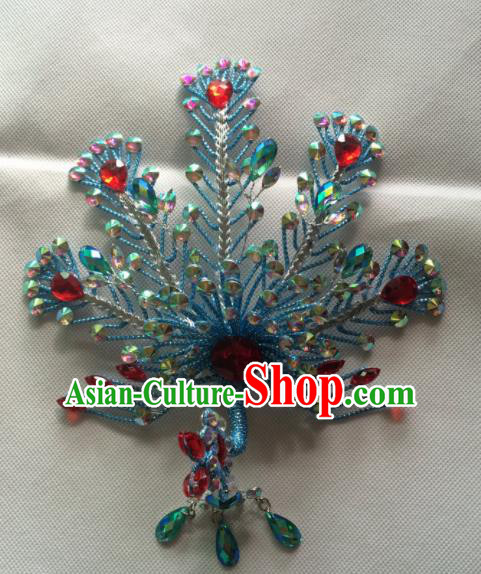 Chinese Beijing Opera Queen Blue Phoenix Hair Crown Hairpins Traditional Peking Opera Diva Hair Accessories for Women