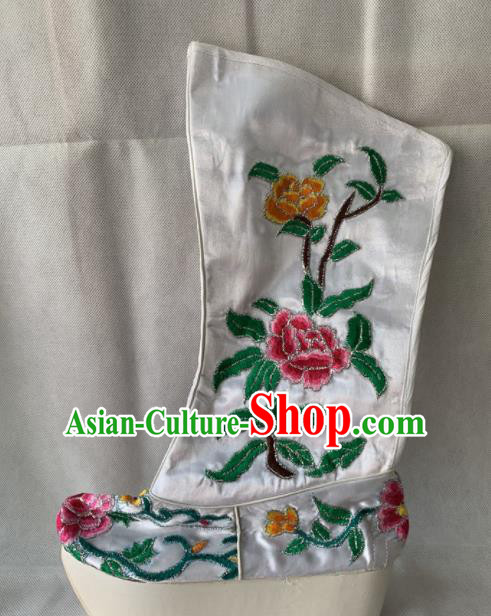 Chinese Beijing Opera Female White Boots Traditional Peking Opera Blues Embroidered Shoes for Women