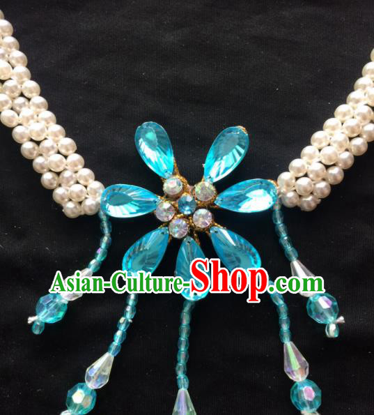 Chinese Beijing Opera Diva Blue Flower Necklace Traditional Peking Opera Princess Necklet Accessories for Women