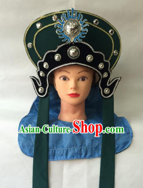 Chinese Beijing Opera Soldier Green Hat Traditional Peking Opera Takefu Headwear for Men