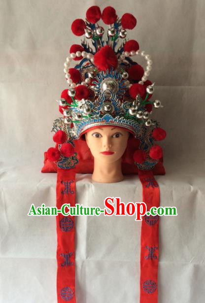 Chinese Beijing Opera Takefu Red Hat Traditional Peking Opera Imperial Bodyguard Headwear for Men