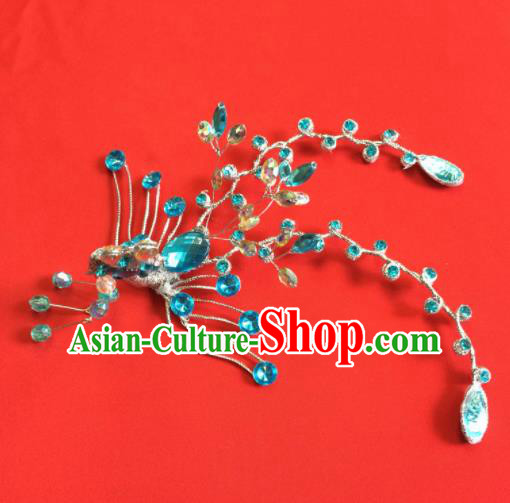 Chinese Ancient Princess Blue Crystal Phoenix Hairpin Traditional Peking Opera Actress Hair Accessories for Women