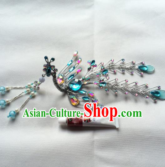 Chinese Ancient Princess Blue Crystal Phoenix Tassel Hairpin Traditional Peking Opera Actress Hair Accessories for Women