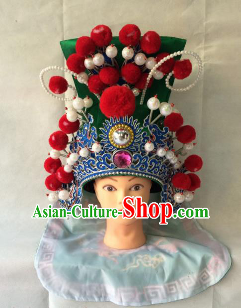 Chinese Beijing Opera General Green Helmet Hat Traditional Peking Opera Takefu Headwear for Men