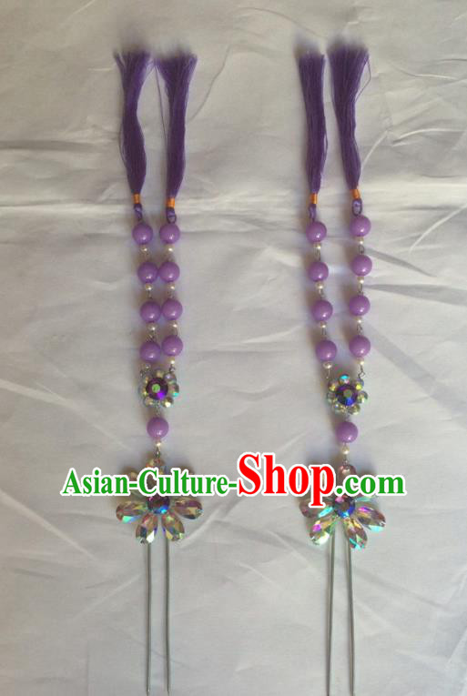 Chinese Beijing Opera Diva Purple Beads Tassel Hairpins Traditional Peking Opera Hair Accessories for Women
