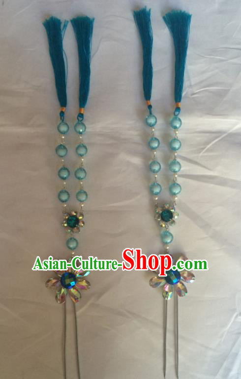 Chinese Beijing Opera Diva Blue Beads Tassel Hairpins Traditional Peking Opera Hair Accessories for Women