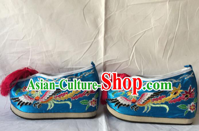 Chinese Beijing Opera Princess Blue Shoes Traditional Peking Opera Diva Embroidered Shoes for Women