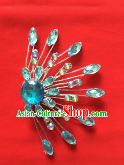Chinese Beijing Opera Princess Blue Crystal Hair Claw Hairpins Traditional Peking Opera Diva Hair Accessories for Women