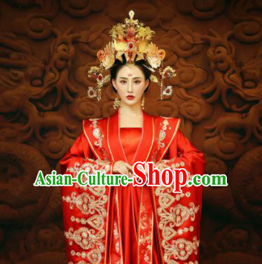 Chinese Ancient Royal Princess Red Hanfu Dress Traditional Tang Dynasty Imperial Consort Wedding Costumes and Headpiece for Women