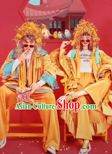 Chinese Beijing Opera Wedding Yellow Dress Traditional Peking Opera Costumes for Women for Men