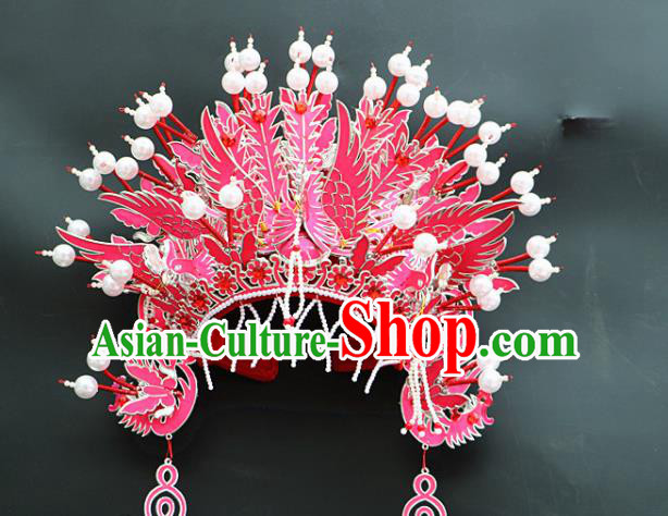 Chinese Beijing Opera Imperial Consort Pink Phoenix Coronet Traditional Peking Opera Bride Hat Hair Accessories for Women
