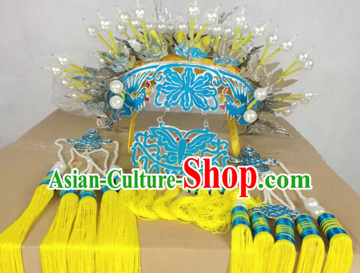 Chinese Beijing Opera Imperial Consort Yellow Phoenix Coronet Traditional Peking Opera Bride Hat Hair Accessories for Women