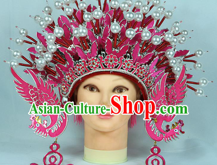 Chinese Beijing Opera Queen Pink Butterfly Phoenix Coronet Traditional Peking Opera Bride Hat Hair Accessories for Women