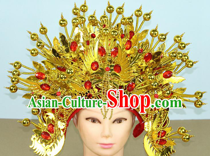 Chinese Beijing Opera Queen Red Crystal Phoenix Coronet Traditional Peking Opera Bride Hat Hair Accessories for Women