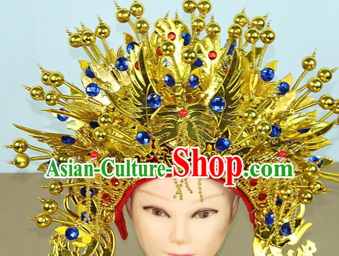 Chinese Beijing Opera Queen Blue Crystal Phoenix Coronet Traditional Peking Opera Bride Hat Hair Accessories for Women