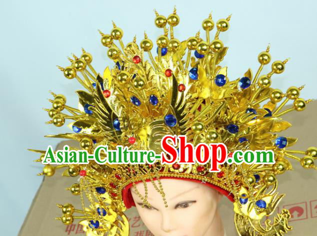Chinese Beijing Opera Queen Blue Crystal Phoenix Coronet Traditional Peking Opera Bride Hat Hair Accessories for Women