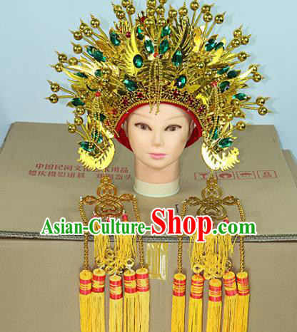Chinese Beijing Opera Queen Green Crystal Phoenix Coronet Traditional Peking Opera Bride Hat Hair Accessories for Women