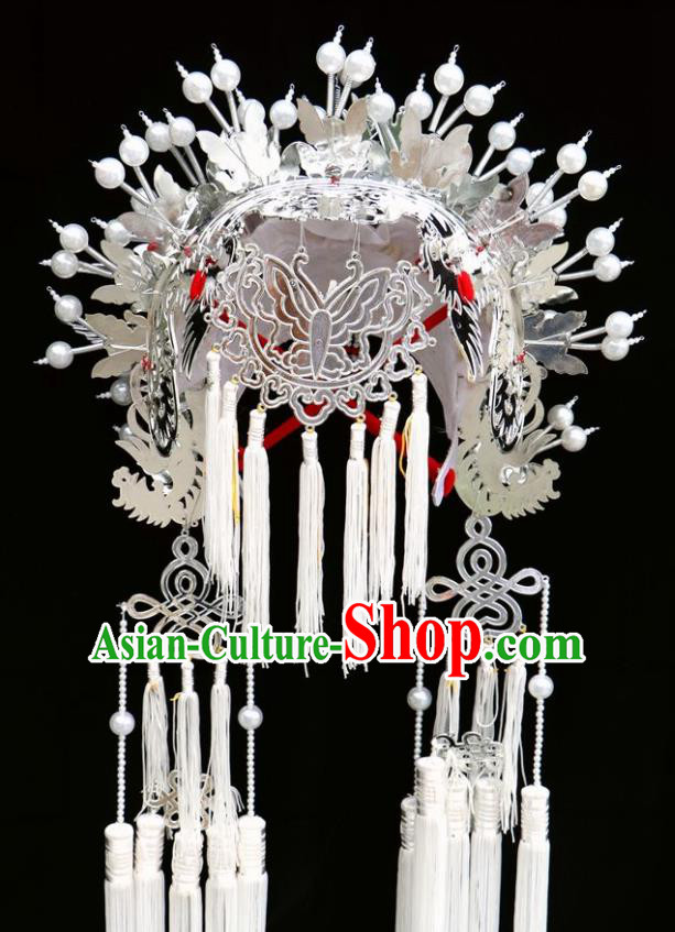 Chinese Beijing Opera White Tassel Phoenix Coronet Traditional Peking Opera Bride Hat Hair Accessories for Women