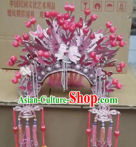 Chinese Beijing Opera Pink Tassel Phoenix Coronet Traditional Peking Opera Bride Hat Hair Accessories for Women