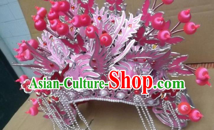 Chinese Beijing Opera Pink Tassel Phoenix Coronet Traditional Peking Opera Bride Hat Hair Accessories for Women