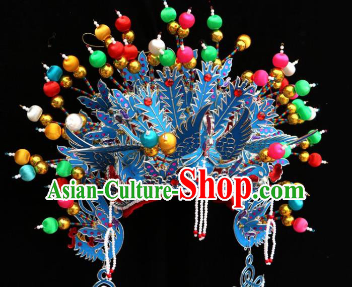Chinese Beijing Opera Imperial Consort Blue Phoenix Coronet Traditional Peking Opera Bride Hat Hair Accessories for Women