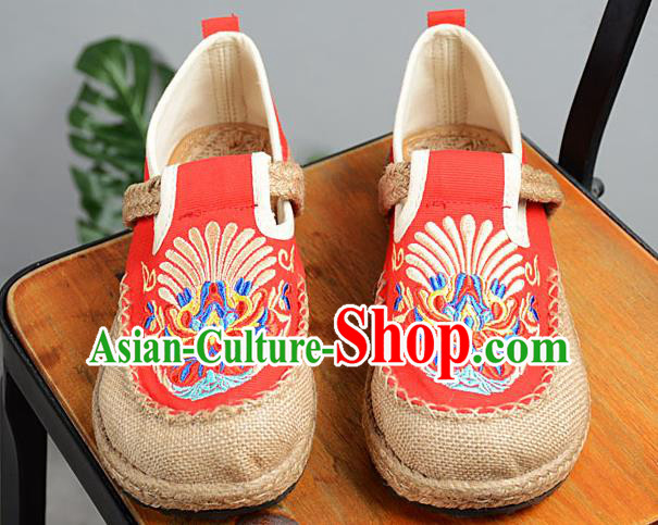 Chinese Traditional Handmade Embroidered Red Flax Shoes National Multi Layered Cloth Shoes for Men