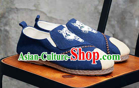 Traditional Chinese Martial Arts Shoes Handmade Embroidered Navy Flax Shoes National Multi Layered Cloth Shoes for Men