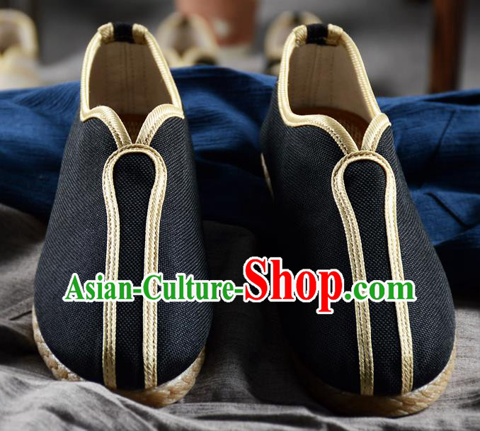 Traditional Chinese Handmade Black Flax Shoes National Multi Layered Cloth Shoes for Men
