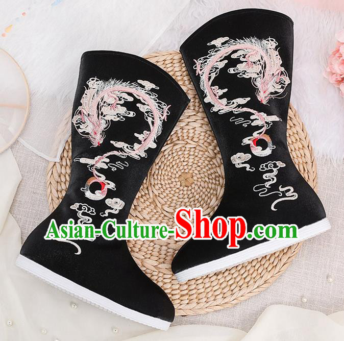 Traditional Chinese Embroidered Dragon Black Boots Handmade Cloth Shoes National Cloth Shoes for Women