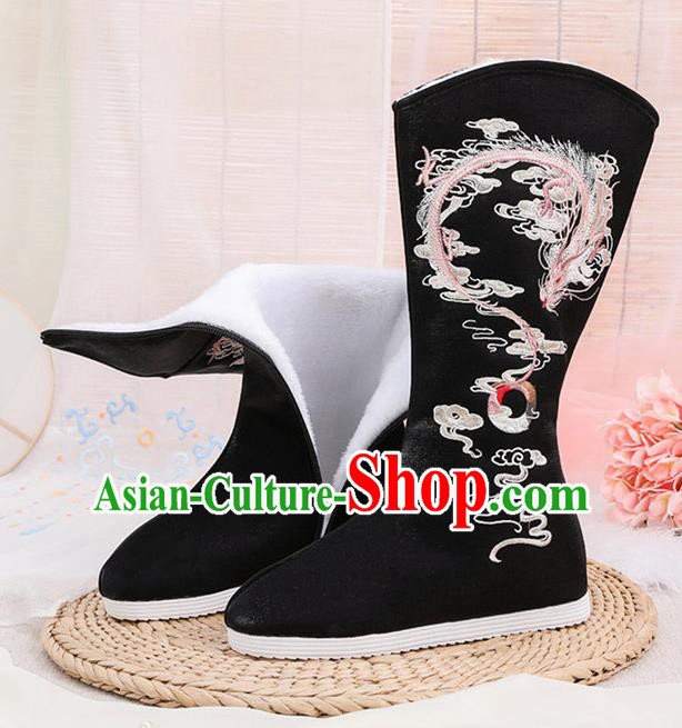 Traditional Chinese Embroidered Dragon Black Boots Handmade Cloth Shoes National Cloth Shoes for Women