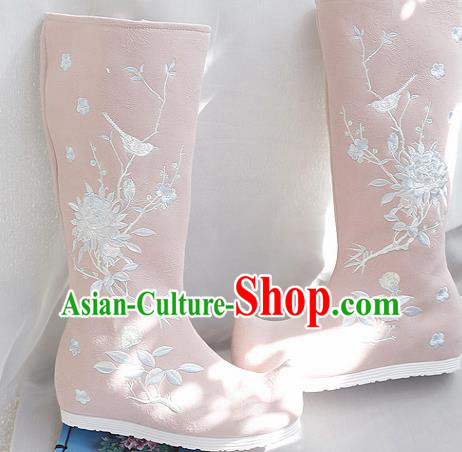 Traditional Chinese Embroidered Peony Pink Boots Handmade Cloth Shoes National Cloth Shoes for Women
