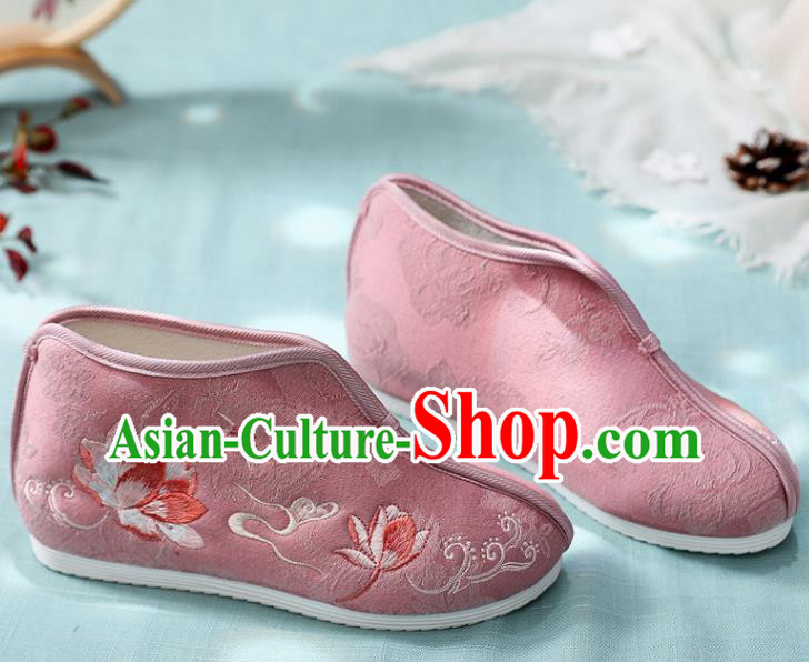 Traditional Chinese Embroidered Lotus Pink Boots Handmade Cloth Shoes National Cloth Shoes for Women