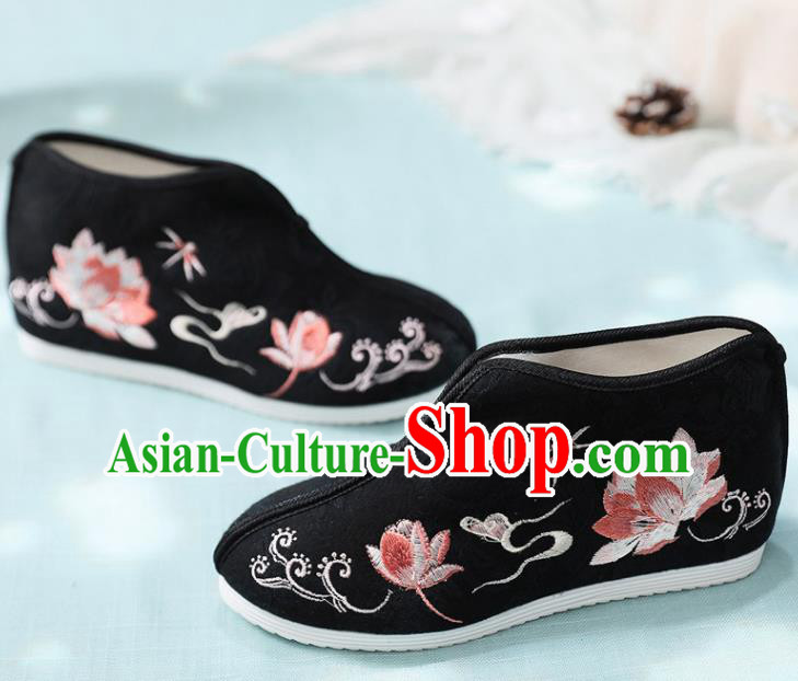 Traditional Chinese Embroidered Lotus Black Boots Handmade Cloth Shoes National Cloth Shoes for Women