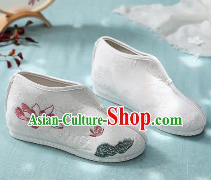Traditional Chinese Embroidered Lotus White Boots Handmade Cloth Shoes National Cloth Shoes for Women