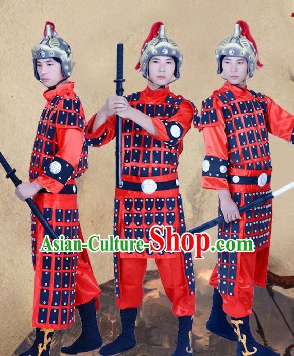 Chinese Ancient Traditional Tang Dynasty General Costume Red Helmet and Armour for Men