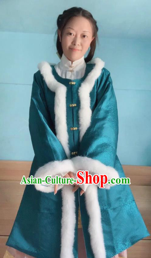Chinese Ancient Nobility Lady Winter Blue Long Coat Traditional Ming Dynasty Princess Costume for Women