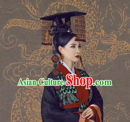 Chinese Ancient Court Queen Mother Black Dress Traditional Qin Dynasty Empress Dowager Costumes and Headpiece for Women