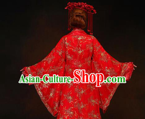 Chinese Ancient Bride Red Dress Traditional Han Dynasty Royal Empress Wedding Costumes and Headpiece for Women
