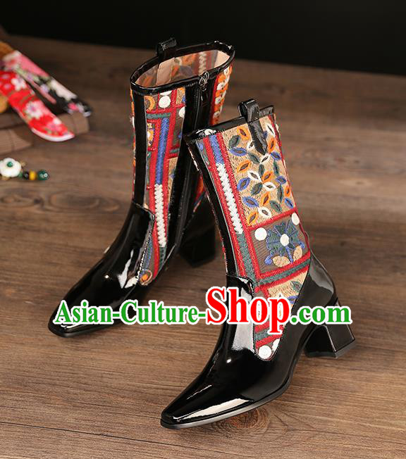 Traditional Chinese Handmade Embroidered Black Boots National High Heel Shoes for Women