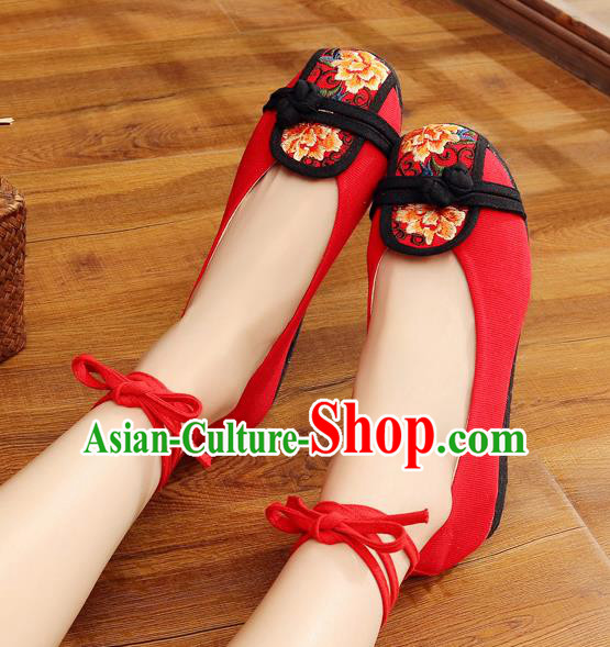 Traditional Chinese Handmade Embroidered Peony Red Shoes National Wedding Cloth Shoes for Women