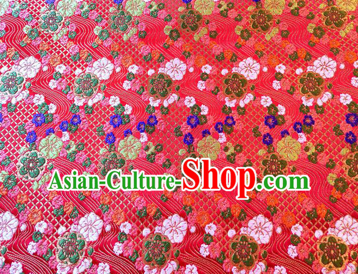 Asian Japan Traditional Plum Pattern Design Red Brocade Damask Fabric Kimono Satin Material