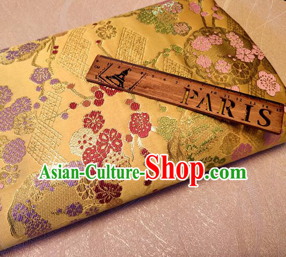 Asian Japan Traditional Plum Pattern Design Golden Brocade Damask Fabric Kimono Satin Material