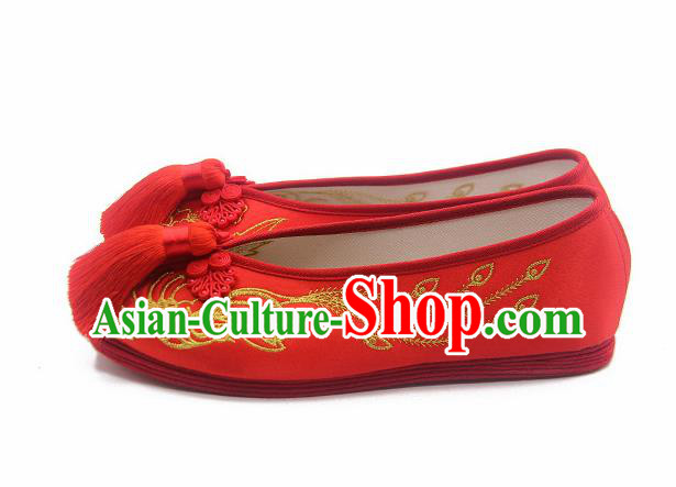 Traditional Chinese Embroidered Phoenix Red Shoes Handmade Hanfu Wedding Shoes National Cloth Shoes for Women