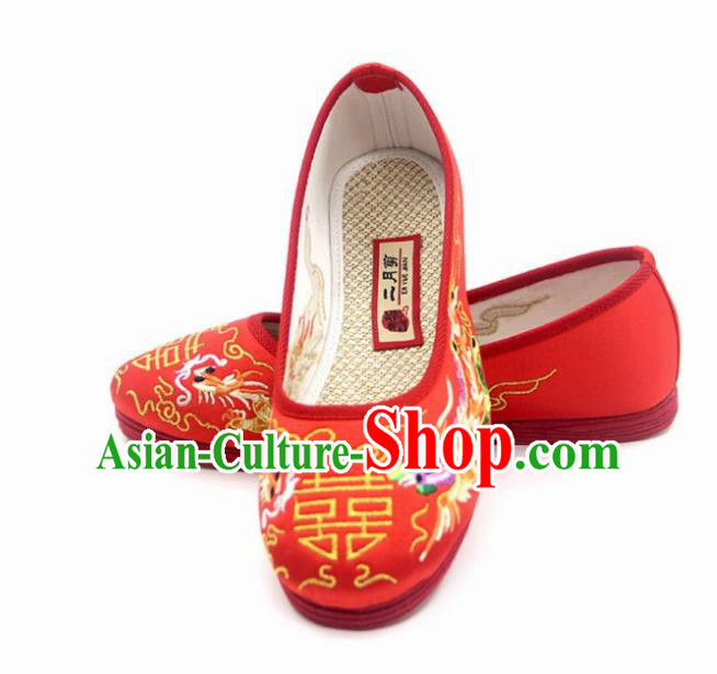 Traditional Chinese Embroidered Dragon Phoenix Red Shoes Handmade Hanfu Wedding Shoes National Cloth Shoes for Women