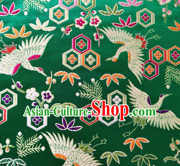 Asian Japan Traditional Plum Crane Pattern Design Green Brocade Damask Fabric Kimono Satin Material