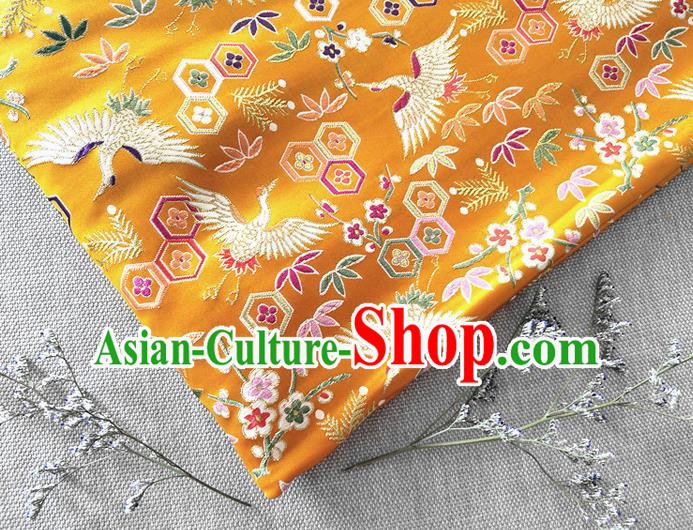 Asian Japan Traditional Plum Crane Pattern Design Golden Brocade Damask Fabric Kimono Satin Material