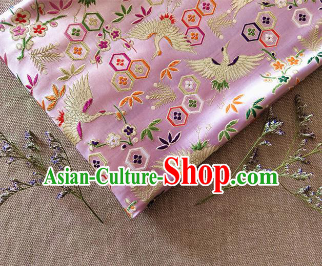 Asian Japan Traditional Plum Crane Pattern Design Pink Brocade Damask Fabric Kimono Satin Material