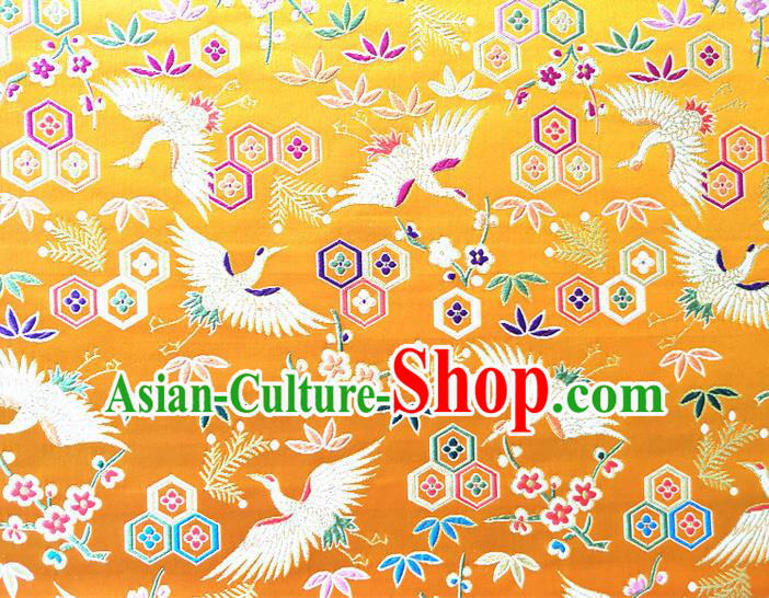 Asian Japan Traditional Plum Crane Pattern Design Golden Brocade Damask Fabric Kimono Satin Material